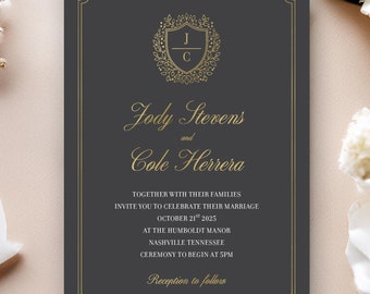 Gold Crest Foil Wedding Invitation: Elegant Wedding Invite