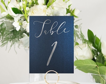 Silver Foil Navy Wedding Table Numbers: Rustic Shimmer (4x6)
