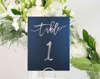 Silver Foil Navy Wedding Table Numbers: Shimmer Card Stock (4x6)