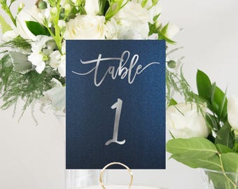 Navy Table Numbers, Wedding Table Numbers, Silver Table Numbers, Rustic Table Number, Foil Table Numbers, #1135 4x6