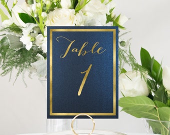 Gold Foil Navy Table Numbers: Rustic Wedding Decor (4x6)