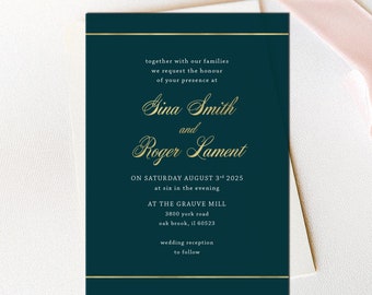 Elegant Gold Foil Wedding Invitation: Green & Navy