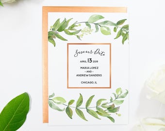 Green and Copper Save the Date Watercolor Floral with Copper Foil Handmade Save The Date Deposit