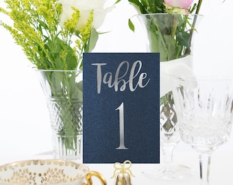 Silver Foil Table Numbers: Navy Shimmer Cardstock, Rustic Wedding (4x6)