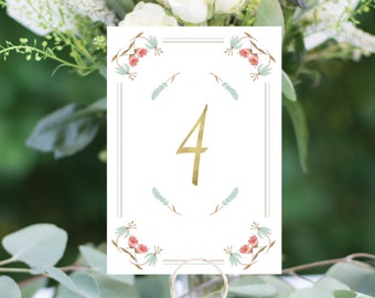 Floral Art Deco Gold Table Numbers, Wedding Table Numbers, Rustic Table Numbers, Foil Table Numbers, #1174 4x6