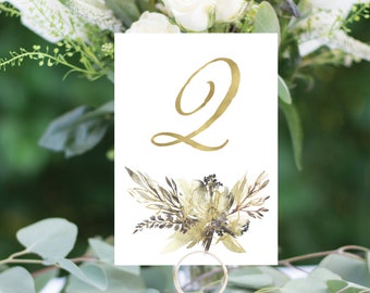 Summer Greenery and Gold Foil Leaves Wedding Table Numbers, Gold Table Number Cards, Wedding Table Number, Free Shipping! #1169 4x6