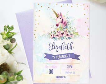 Unicorn Invitation, Watercolor and Foil, Unicorn Birthday Party Invitation, Rainbow, Unicorn