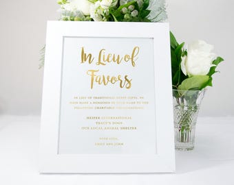 In Lieu of Favors Gold Foil Wedding Sign, Wedding Favors, Elegant, Bridal, available in gold, copper, rose gold, or silver
