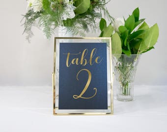 Navy Blue and Gold Foil Table Numbers Custom Handmade Wedding 5x7 also in Rose Gold, Copper, or Silver Foil #0134