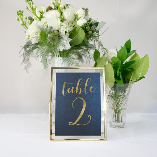 Navy Blue and Gold Foil Table Numbers Custom Handmade Wedding 5x7 also in Rose Gold, Copper, or Silver Foil #0134