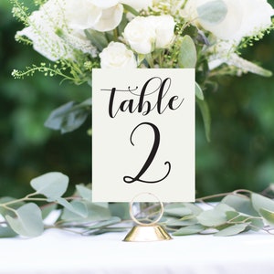 May include: White card table number holder with black calligraphy that reads "table 2". The holder is on a gold metal stand and is surrounded by white flowers and green leaves.
