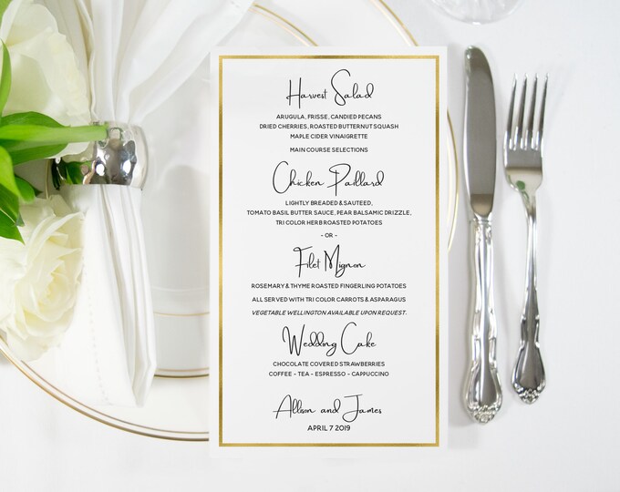 Gold Foil Food Menu, Bar Menu, Gold Foil Wedding Menu, Handmade