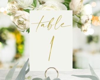Gold Foil Wedding Table Numbers: Ivory Cardstock, Modern Script (4x6)