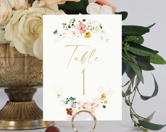 Floral Gold Table Numbers, Wedding Table Numbers, Rustic Table Numbers, Foil Table Numbers, Elegant Wedding Table Numbers, #1175 4x6