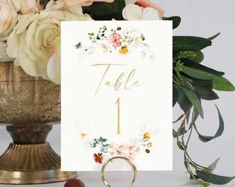 Floral Gold Foil Table Numbers: Rustic Wedding Decor (4x6)