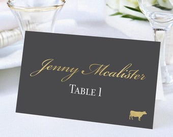 Grey and Gold Foil Wedding Place Cards with Food Icons