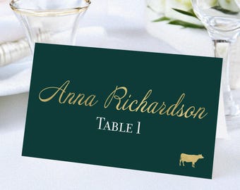 Green & Gold Foil Wedding Place Cards with Food Icons