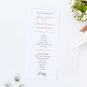 May include: A wedding ceremony program with gold lettering on white paper. The program lists the order of the ceremony, the names of the wedding party, and the names of the bride and groom: Jenny Weaver and Mark Graham.