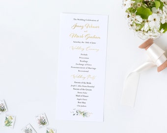 May include: A wedding ceremony program with gold lettering on white paper. The program lists the order of the ceremony, the names of the wedding party, and the names of the bride and groom: Jenny Weaver and Mark Graham.