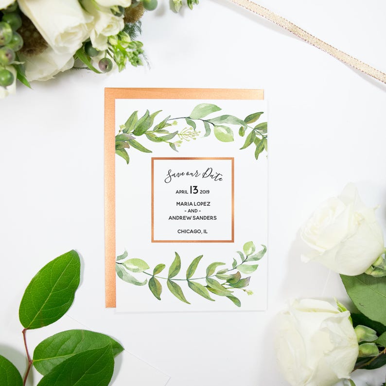 Green and Copper Save the Date Watercolor Floral with Copper Foil Handmade Save The Date Deposit image 1