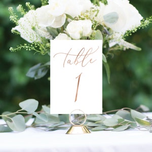 May include: White card with gold calligraphy that reads "Table 1" on a gold metal stand. The card is sitting on a white table with green foliage in the background.