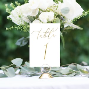 May include: White card with gold calligraphy that reads "Table 1" on a gold metal stand. The card is sitting on a white table with green foliage.