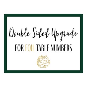 May include: A green and white sign with the text "Double Sided Upgrade for Foil Table Numbers". A gold illustration of a fox with a crown is in the bottom center of the sign.