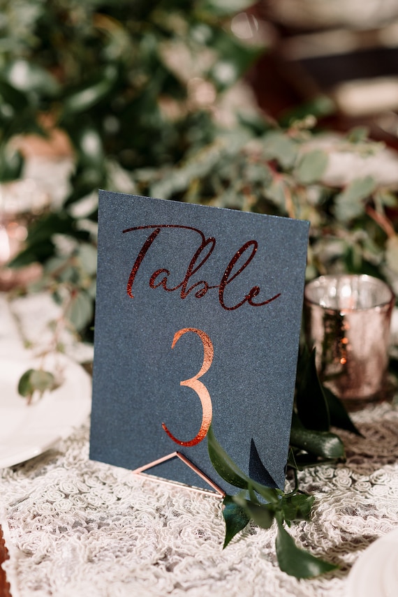 Copper Foil Table Numbers: Navy Shimmer Cardstock, Rustic Wedding (4x6)