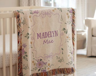 Manta de bebé con lazo personalizado para niña, manta tejida de algodón, decoración para guardería, manta de bebé personalizada con flores, regalo para baby shower.