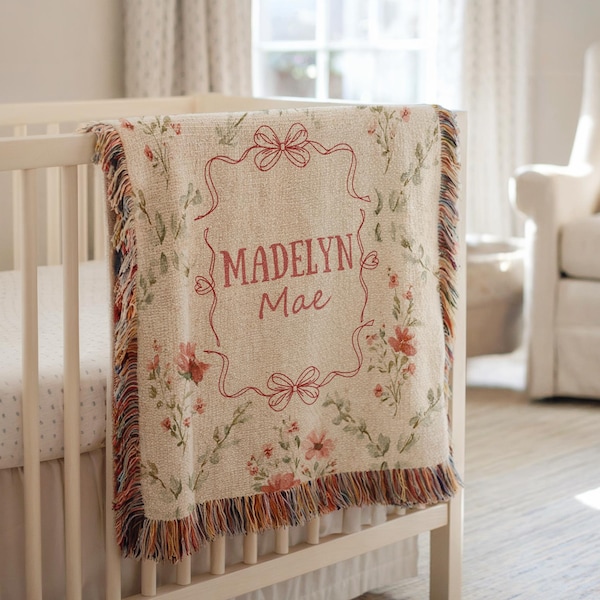 Personalized Floral Bow Baby Blanket Cotton Woven Blanket Girl Nursery Decor Custom Baby Blanket Floral Baby Shower Baby Gift