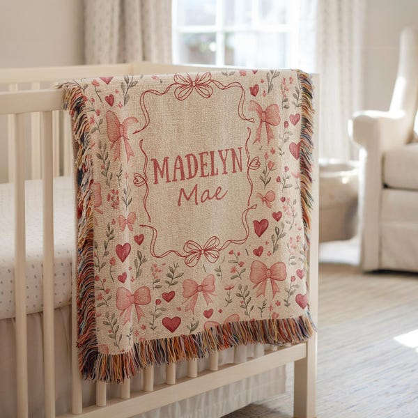 Personalized Girl Bow Baby Blanket Cotton Woven Blanket Girl Nursery Decor Custom Baby Blanket Floral Baby Shower Baby Gift
