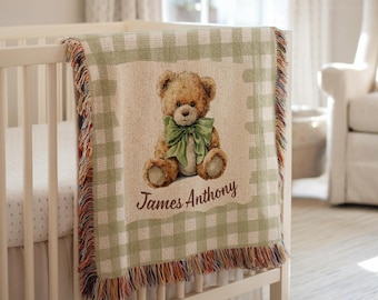 Coperta personalizzata con nome per neonato, orsacchiotto, plaid personalizzato, a quadretti, decorazione per cameretta, coperta con nome per neonato, coperta in cotone, ricordo per neonato