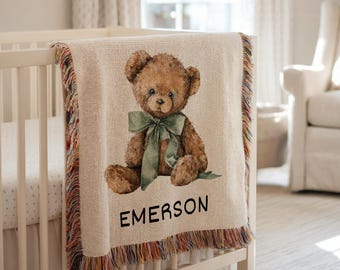 Personalized Teddy Bear Blanket Teddy Bear Nursery Decor Baby Shower Gift Custom Baby Name Blanket Teddy Bear Theme Nursery Cotton Blanket