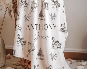 Personalized Woodland Animal Baby Name Custom Blanket Gift Idea For Baby Boy Newborn Baby Woodland Animal Blanket Photo Prop Deer Blanket