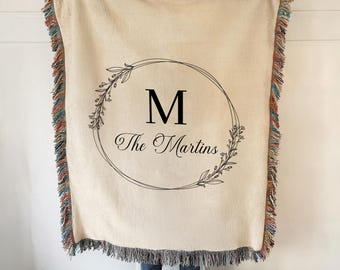 Personalized Family Name Blanket Woven Blanket Custom Name Blanket Cotton Wedding Anniversary Couple Custom Wedding Present