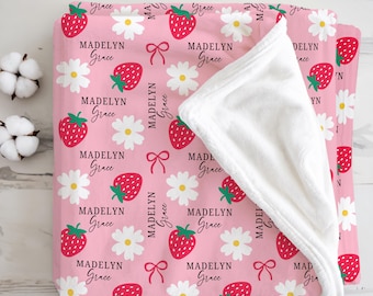 Personalized Strawberry Blanket Custom Baby Name Blanket Pink Girl Nursery Decor Gift for Baby Girl Custom Kids Blanket Toddler Blanket