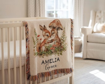 Personalized Woodland Baby Blanket Forest Animal Nursery Decor Baby Shower Gift Custom Baby Name Blanket Woodland Nursery Gift