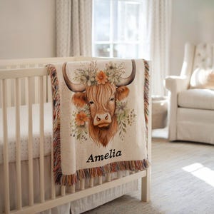 Personalized Highland Cow Baby Blanket Cow Nursery Decor Baby Shower Gift Custom Baby Name Blanket Cow Baby Blanket Cow Theme Nursery