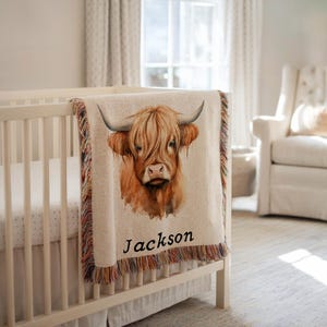 Personalized Highland Cow Baby Blanket Cow Nursery Decor Baby Shower Gift Custom Baby Name Blanket Cow Baby Blanket Cow Theme Nursery