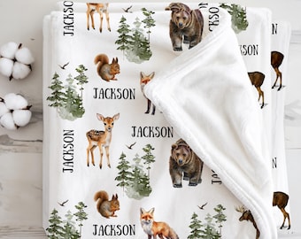 Personalized Forest Animal Baby Name Custom Blanket Gift Idea For Baby Boy Newborn Baby Deer Baby Blanket with Name Hospital Blanket