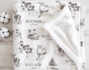 Woodland Toile Baby Blanket Personalized Baby Shower Gift Woodland Nursery Decor Woodland Animal Blanket Name Custom Baby Name Blanket
