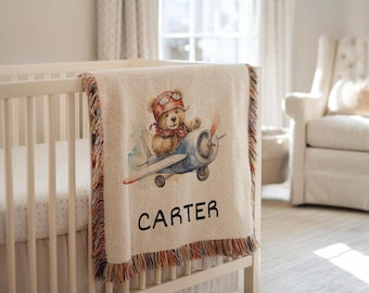 Personalized Pilot Teddy Bear Blanket Teddy Bear Nursery Decor Baby Shower Gift Custom Baby Name Blanket Teddy Bear Theme Nursery