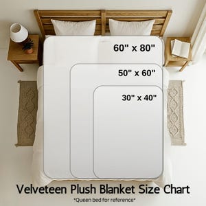 May include: A size chart for Velveteen plush blankets, displayed on a queen-sized bed. The chart shows three blanket sizes: 60" x 80", 50" x 60", and 30" x 40". The text "Velveteen Plush Blanket Size Chart" is at the bottom.