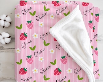 Personalized Strawberry Blanket Custom Baby Name Blanket Pink Girl Nursery Decor Gift for Baby Girl Custom Kids Blanket Toddler Blanket