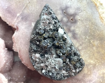 One Large Drilled Focal Pyrite in Quartz  Pendant - Bead Supply - Drilled Crystals, Pyrite Bead, Jewelry Making Supply