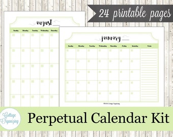Printable Perpetual Calendar Kit, 24 Monthly Calendar Pages, Pistachio, Green - INSTANT DOWNLOAD - Daily Planner, PDF, Organizing Printables