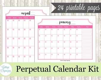 Printable Perpetual Calendar Kit, 24 Monthly Calendar Pages, Peony, Pink - INSTANT DOWNLOAD - Daily Planner, PDF, Organizing Printables