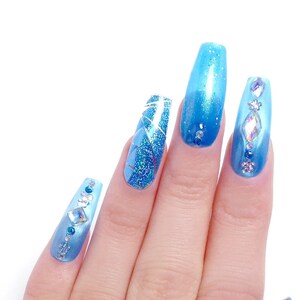 Blue Holo Nails Reusable press on, art, gift, holographic, aqua, jewelry, crystal, party, ocean, sky, coffin, rhinestone, mermaid, tropic image 3