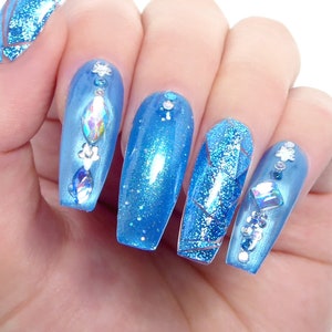 Blue Holo Nails Reusable press on, art, gift, holographic, aqua, jewelry, crystal, party, ocean, sky, coffin, rhinestone, mermaid, tropic image 5