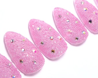 Pink Crystal Nails ／ Reusable press on, art gift, jewelry, holo, stiletto, birthday, kawaii, gyaru, party, crystal, 3d, for her, barbie, fun